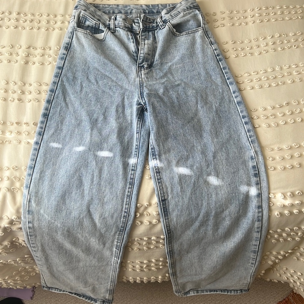 tall light wash straight legged jeans